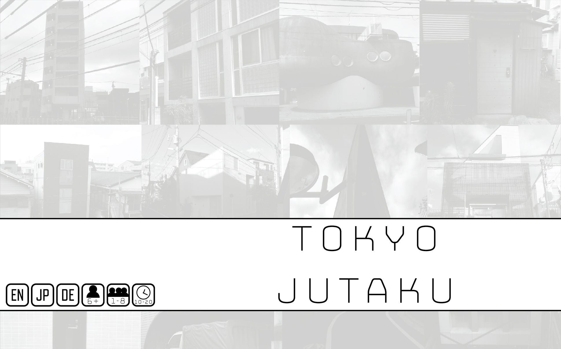 A grid of faded Tokyo architecture photos above the title Tokyo Jutaku and icons for language, age, players, and play time