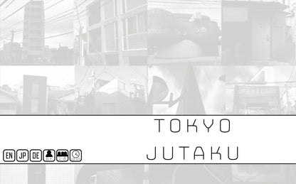 A grid of faded Tokyo architecture photos above the title Tokyo Jutaku and icons for language, age, players, and play time