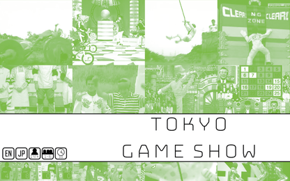 A green-filtered collage of dynamic Tokyo game show scenes, featuring people competing in various stunts and challenges, with the title Tokyo Game Show and game information icons