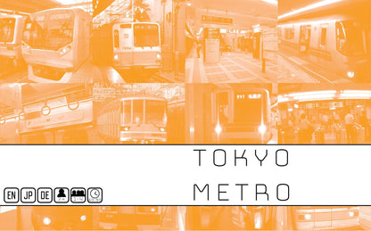 A collage of orange-tinted images showcasing Tokyo Metro trains and station platforms, with the text Tokyo Metro and game-related icons below