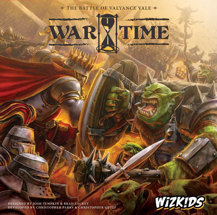 Artwork for 'WAR TIME: The Battle of Valyance Vale'. A golden-armored knight confronts a snarling green orc in fierce combat