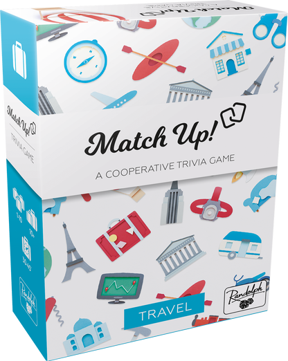 Match Up! A Cooperative Trivia Game box, featuring various travel icons like a compass, airplane, and Eiffel Tower.