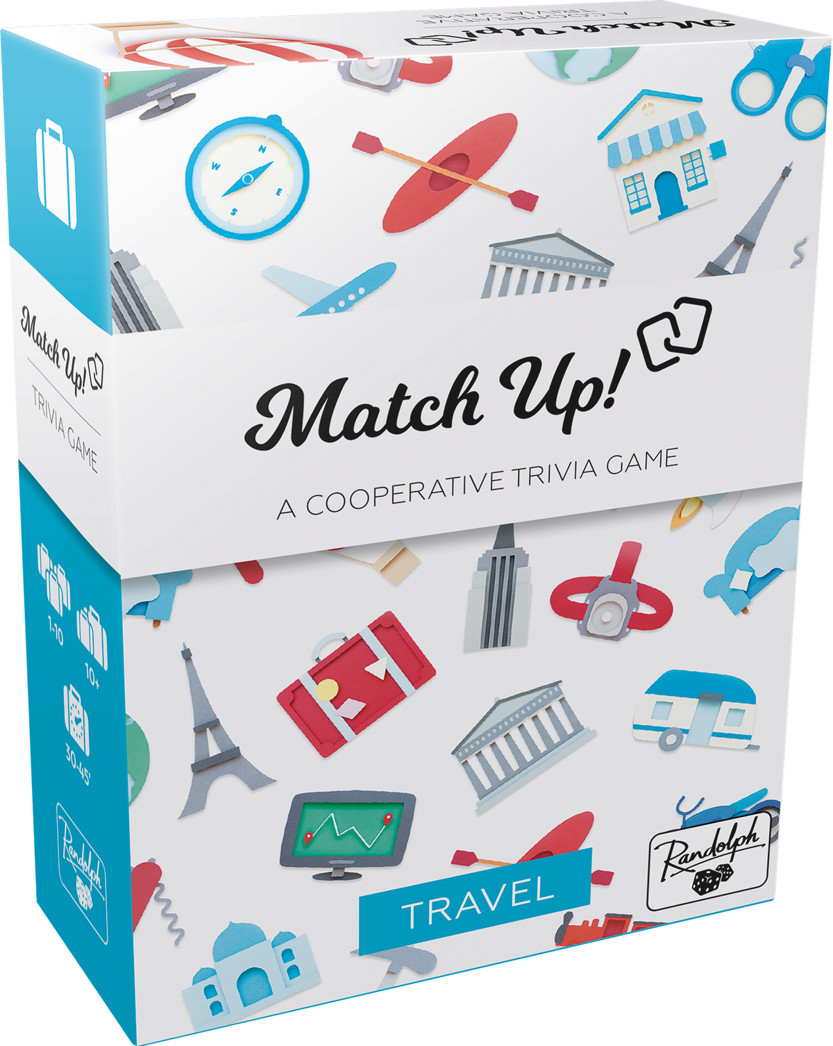 Match Up! A Cooperative Trivia Game box, featuring various travel icons like a compass, airplane, and Eiffel Tower.