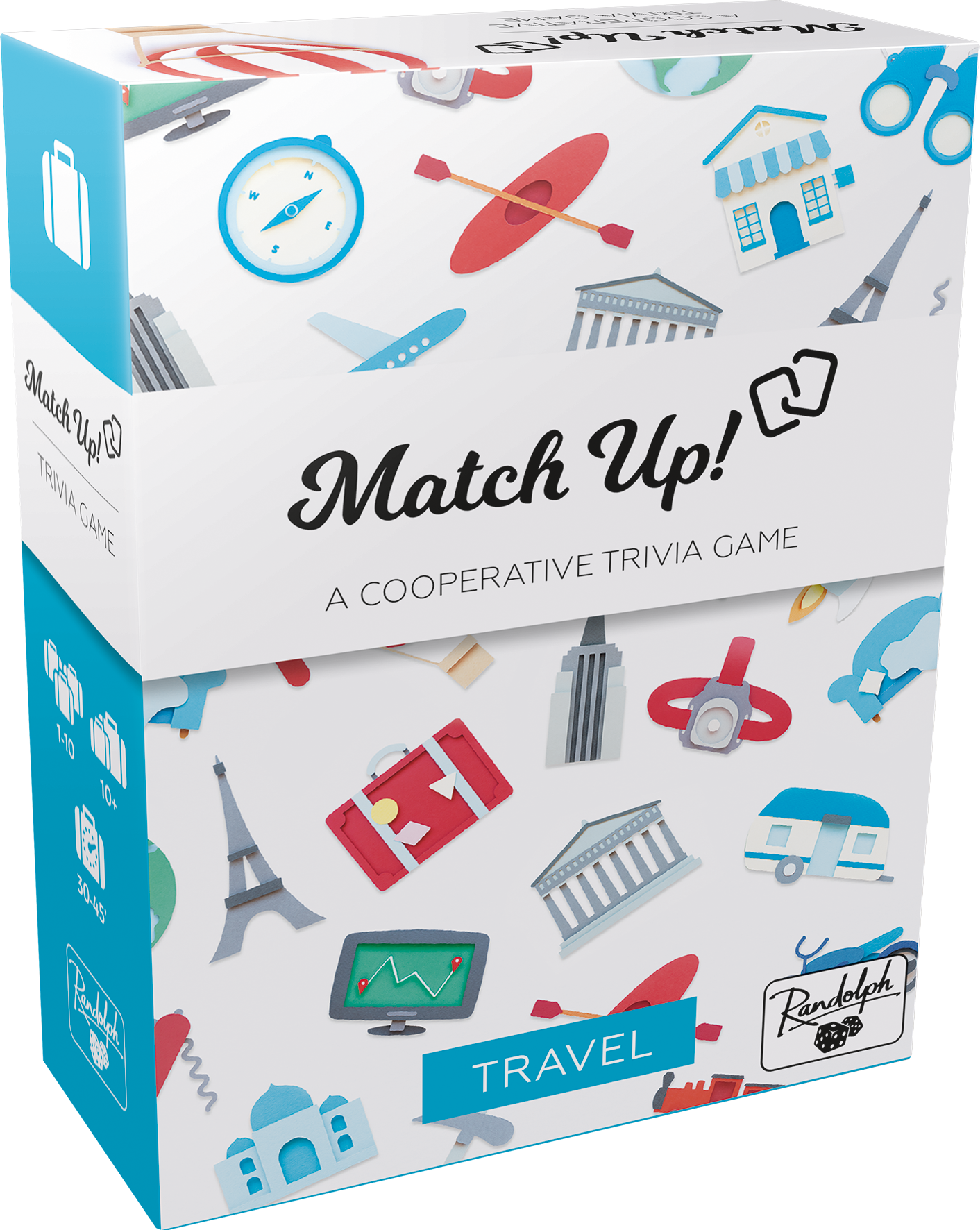 Match Up! A Cooperative Trivia Game box, featuring various travel icons like a compass, airplane, and Eiffel Tower.
