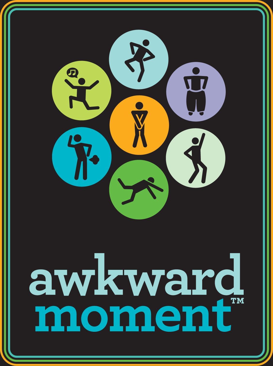 The Awkward Moment Card Game cover features seven colorful circles each with a black stick figure illustrating an awkward situation on a black background