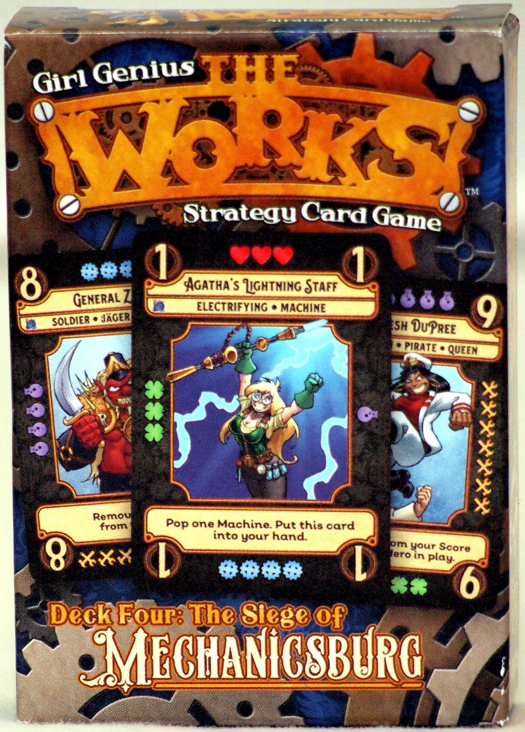 Box for Girl Genius THE WORKS! Strategy Card Game, showing Agatha wielding a lightning staff flanked by other characters
