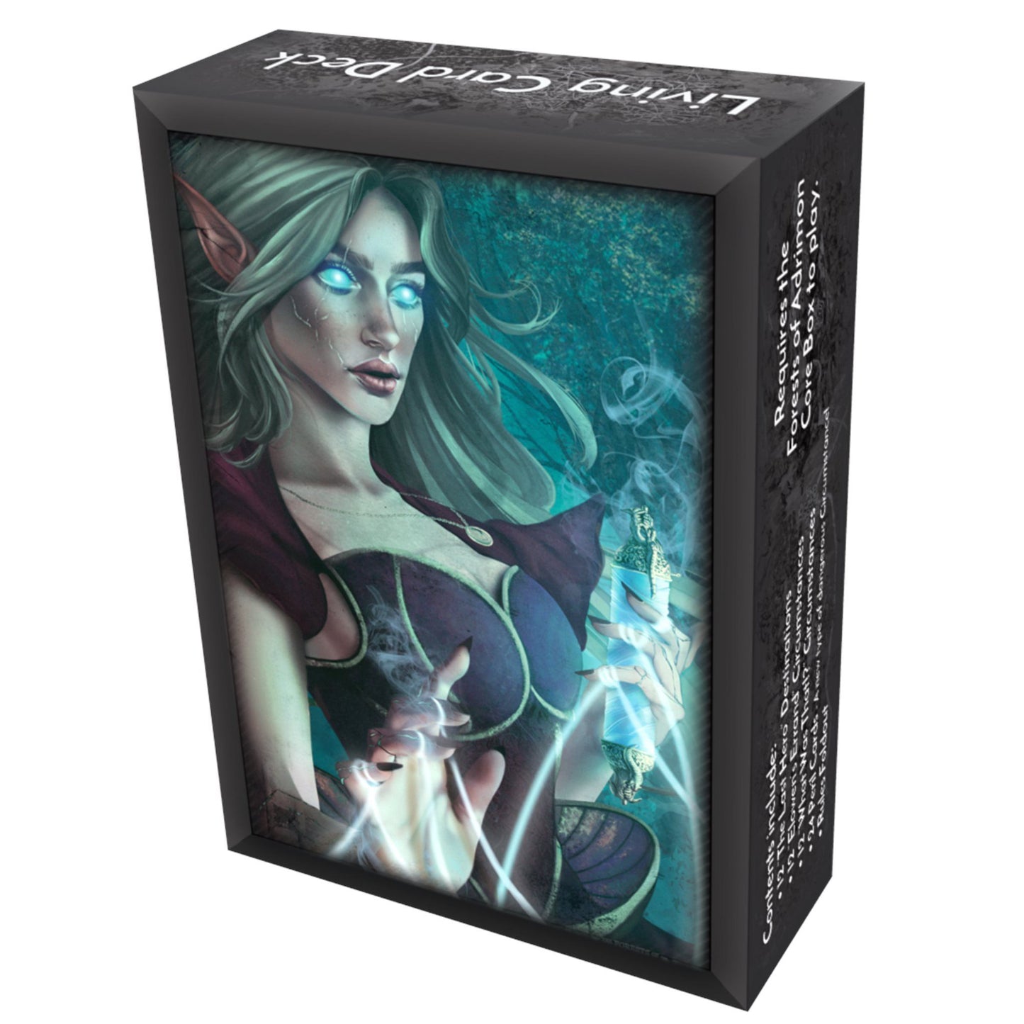Card deck box with a fantasy elf on the cover, showing glowing blue eyes, casting magic from her hands and a glowing vial.
