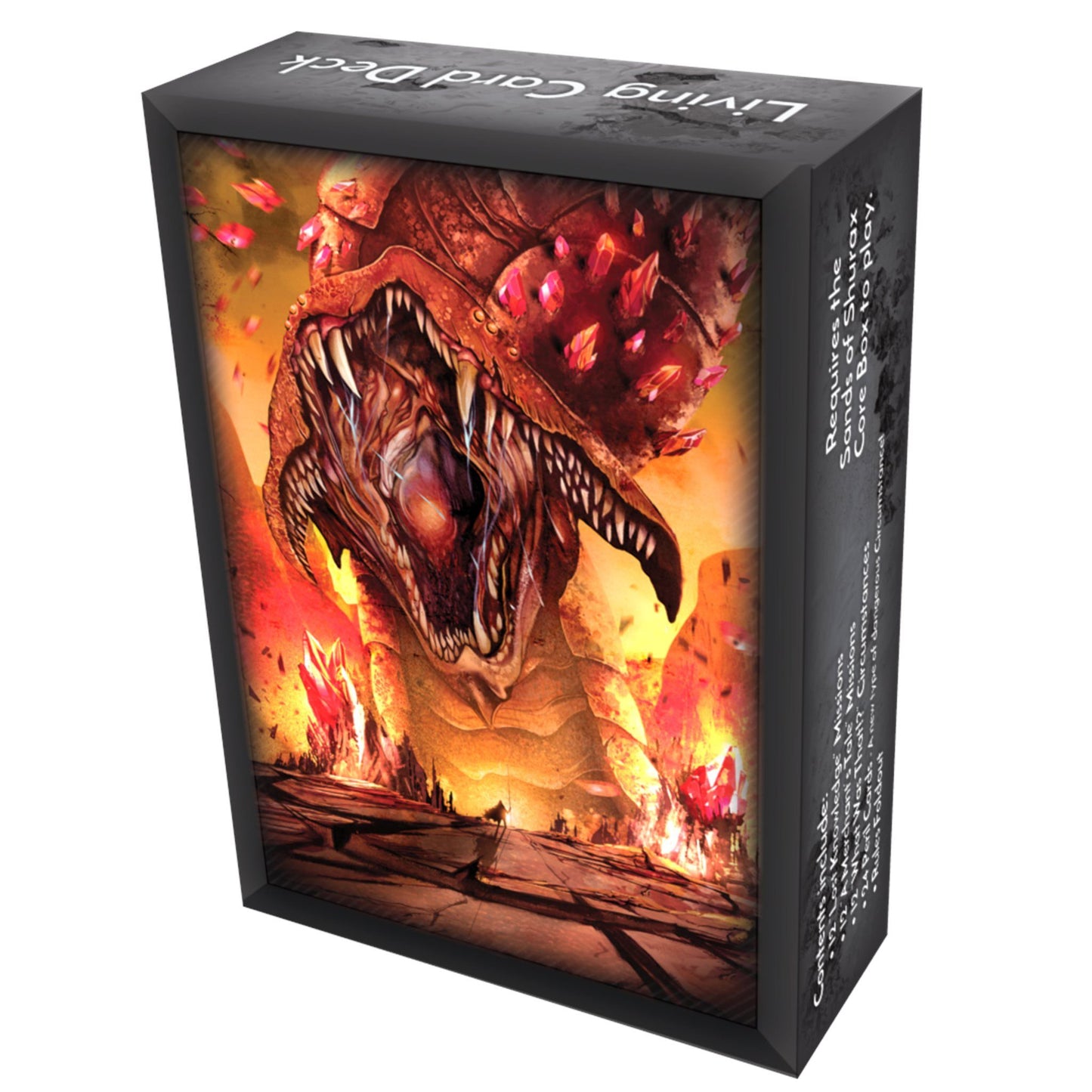 Living Card Deck box. Art: Giant, fanged monster with glowing red crystals, mouth open, roaring over a small figure.