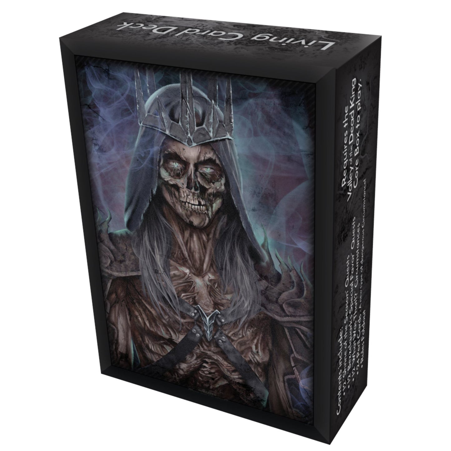 Black 'Living Card Deck' box: undead king with dark crown, hooded cloak, skeletal face, and glowing green eyes.