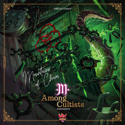 Game cover: A glowing green tentacle wrapped in dark chains against a grimy -  industrial background -  with "Among Cultists" title