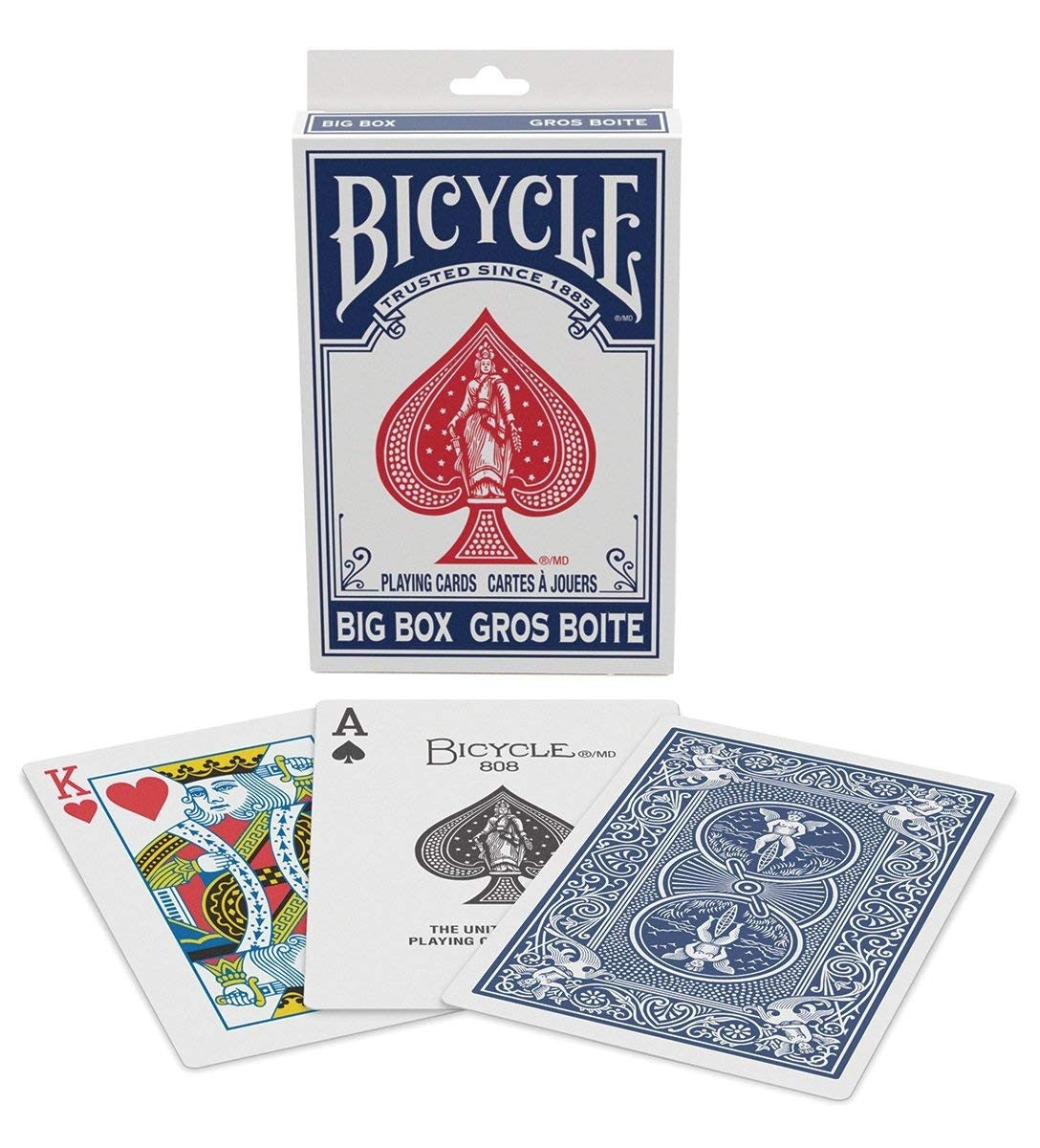 Bicycle &quot;Big Box&quot; playing cards with a King of Hearts, Ace of Spades and a blue-backed card fanned out