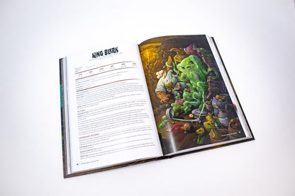 Open TTRPG book: Left page details 'King Blork' stats, right page shows a vibrant illustration of the green tentacled monster attacking a chef in a cluttered dungeon kitchen