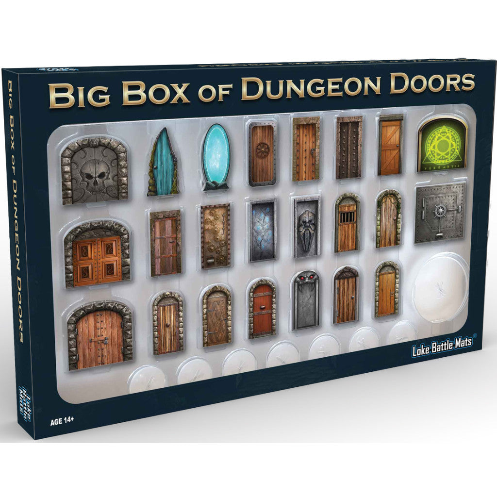 Big Box of Dungeon Doors game set displays 23 unique 2D fantasy doors for tabletop RPGs