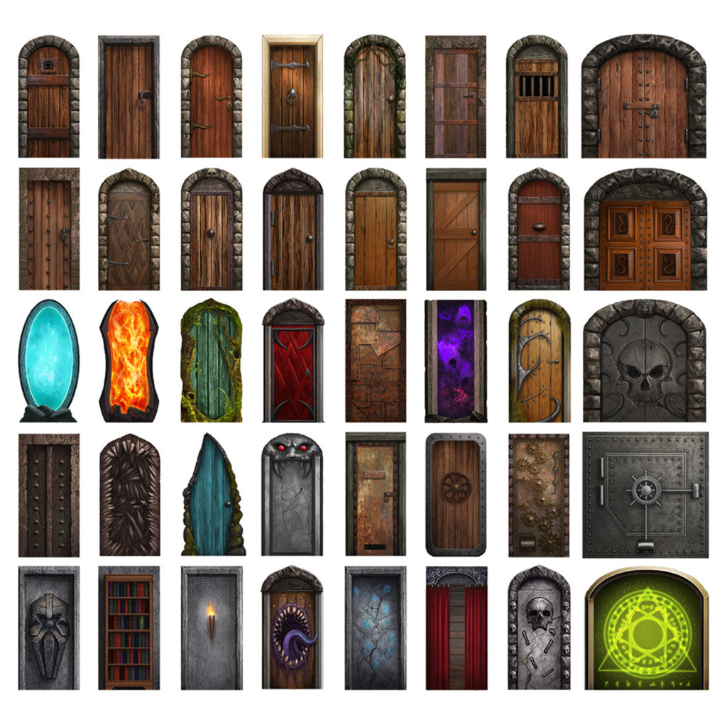 Diverse fantasy dungeon doors and portals including wooden, stone, metal, magical and monster-themed designs for RPGs or game assets