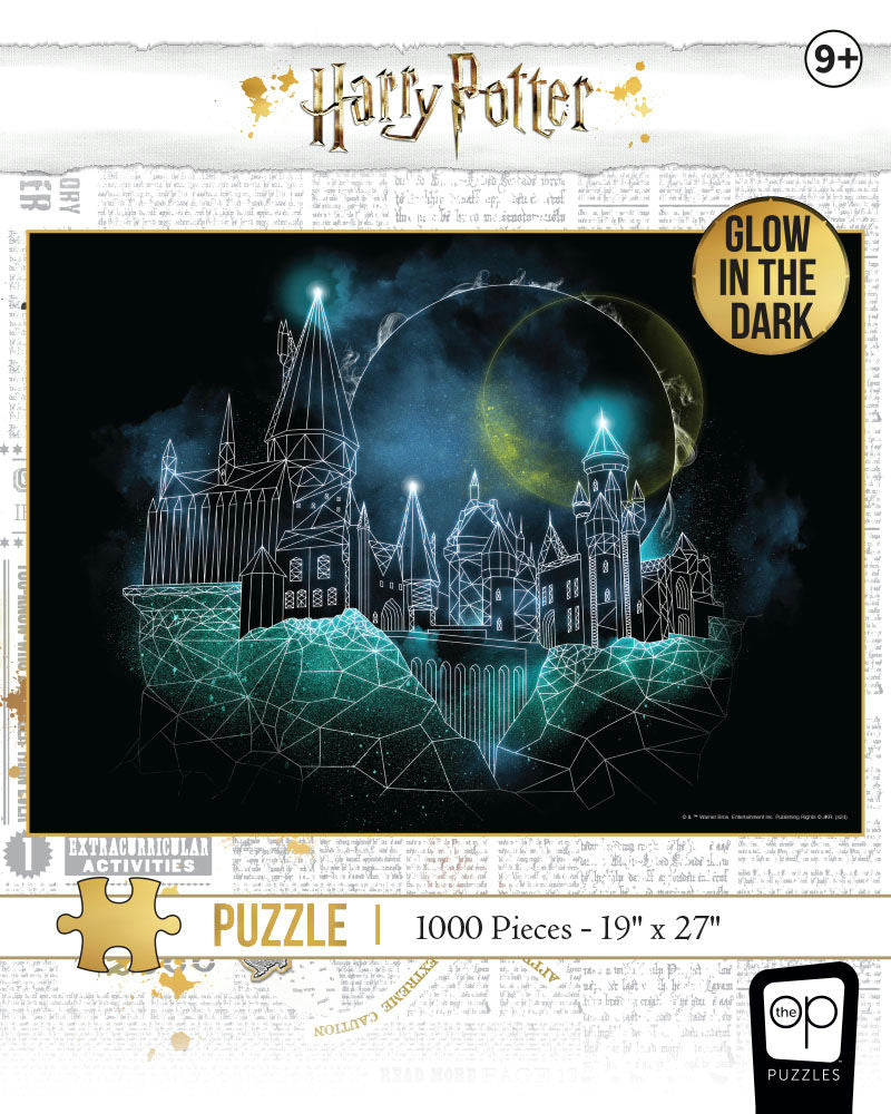 Harry Potter: Magic of Hogwarts Glow-in-the-Dark 1000-piece puzzle box with a geometric, blue-lit illustration of Hogwarts castle