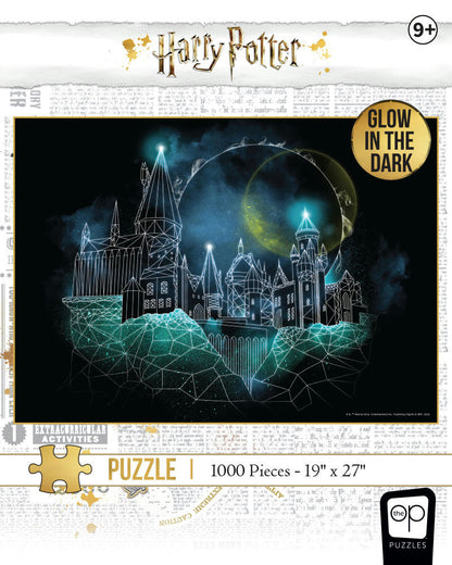 Harry Potter: Magic of Hogwarts Glow-in-the-Dark 1000-piece puzzle box with a geometric, blue-lit illustration of Hogwarts castle
