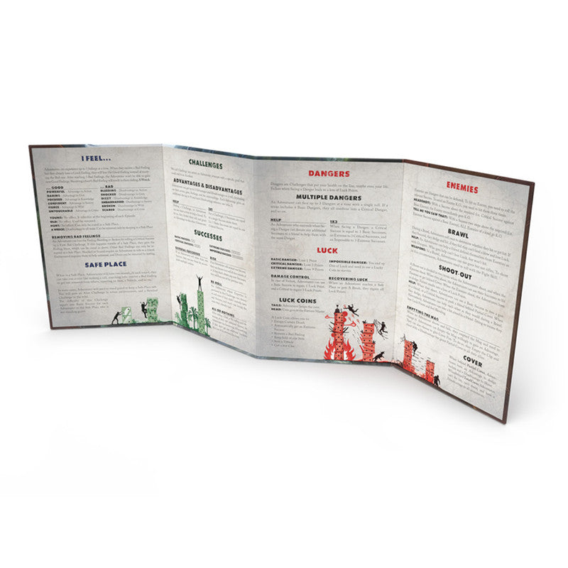 Opened game rulebook showing sections on feelings challenges dangers and enemies
