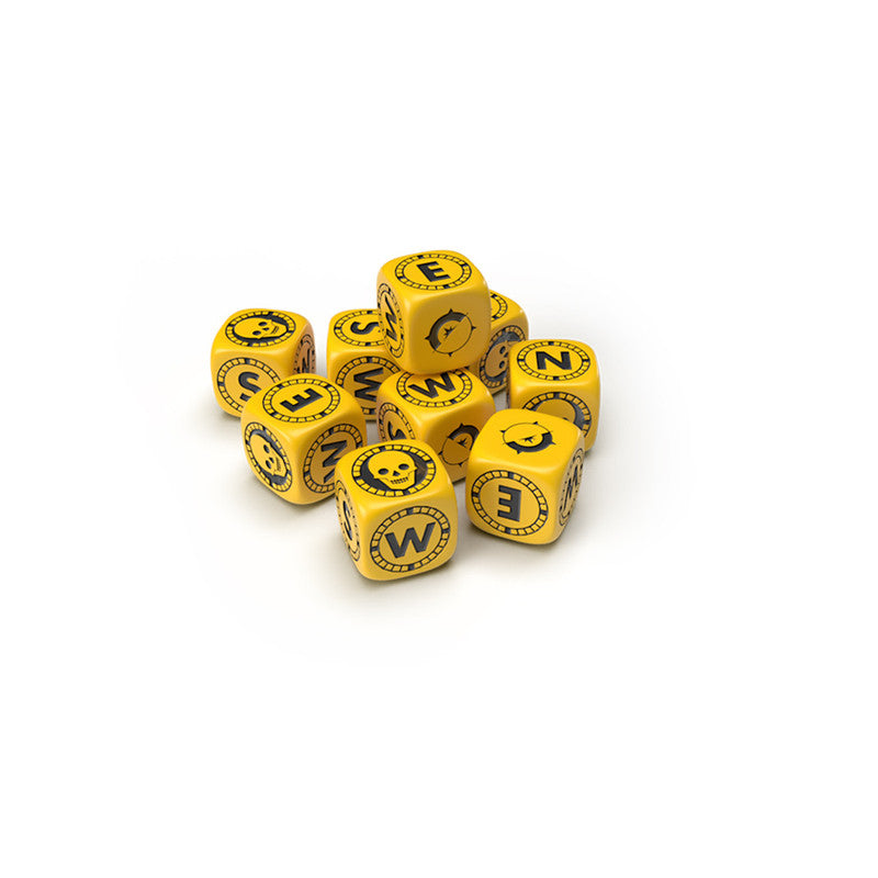 A pile of yellow dice each face featuring a black symbol representing a direction or a skull