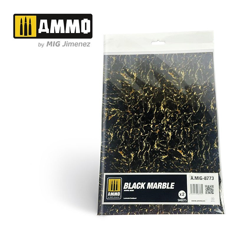 Ammo Black Marble laminated cardboard sheets (x2) with gold marbling in plastic packaging