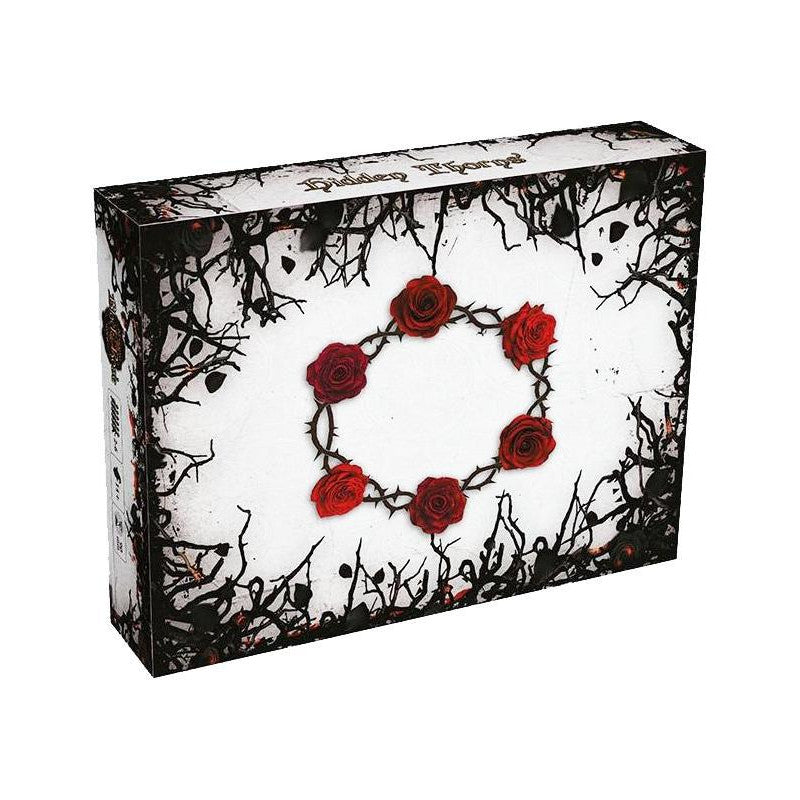 Black Rose Wars: Hidden Thorns a white rectangular box, its lid displays black thorny branches framing a wreath of thorns with six red roses