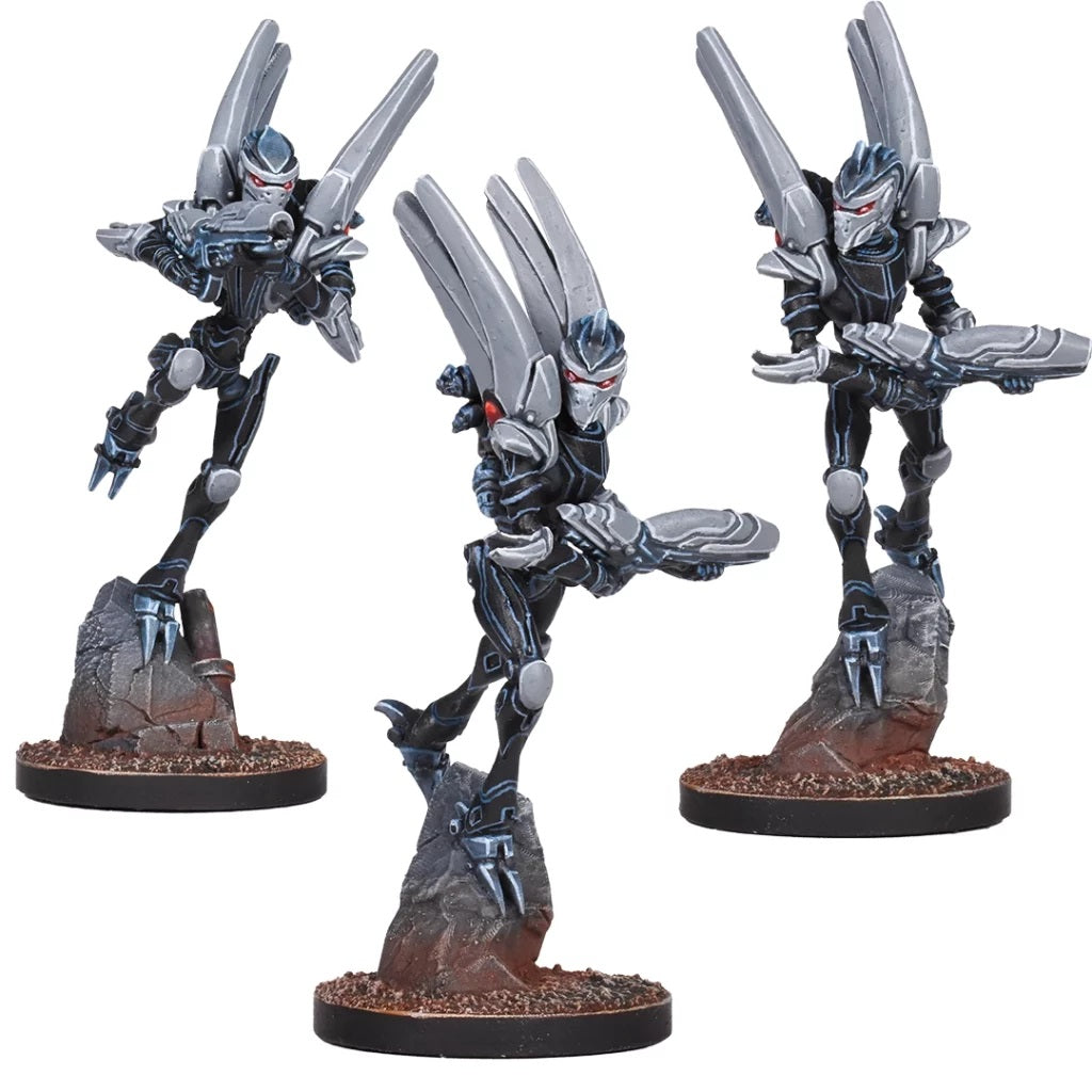 Three dynamic sci-fi warrior miniatures: grey/black armor, red eyes, twin back blades. Each holds a weapon on a rocky base