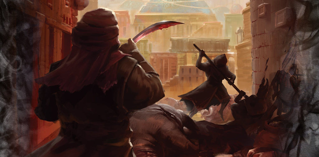 A cloaked person with a bloodied curved blade stands over dead bodies in a ravaged city. Another figure attacks nearby.