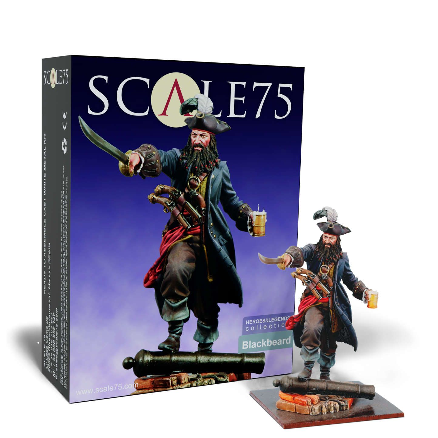 A Scale 75 Heroes and Legends Blackbeard 75mm figure kit box showcasing the detailed pirate holding a cutlass and beer, with the assembled model standing on a cannon base