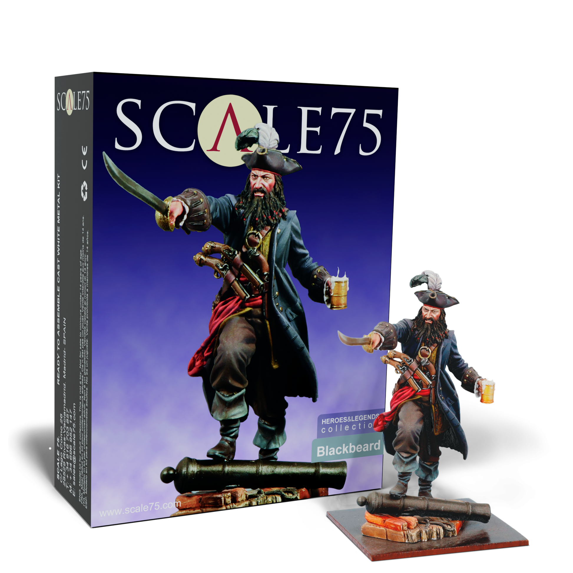 A Scale 75 Heroes and Legends Blackbeard 75mm figure kit box showcasing the detailed pirate holding a cutlass and beer, with the assembled model standing on a cannon base