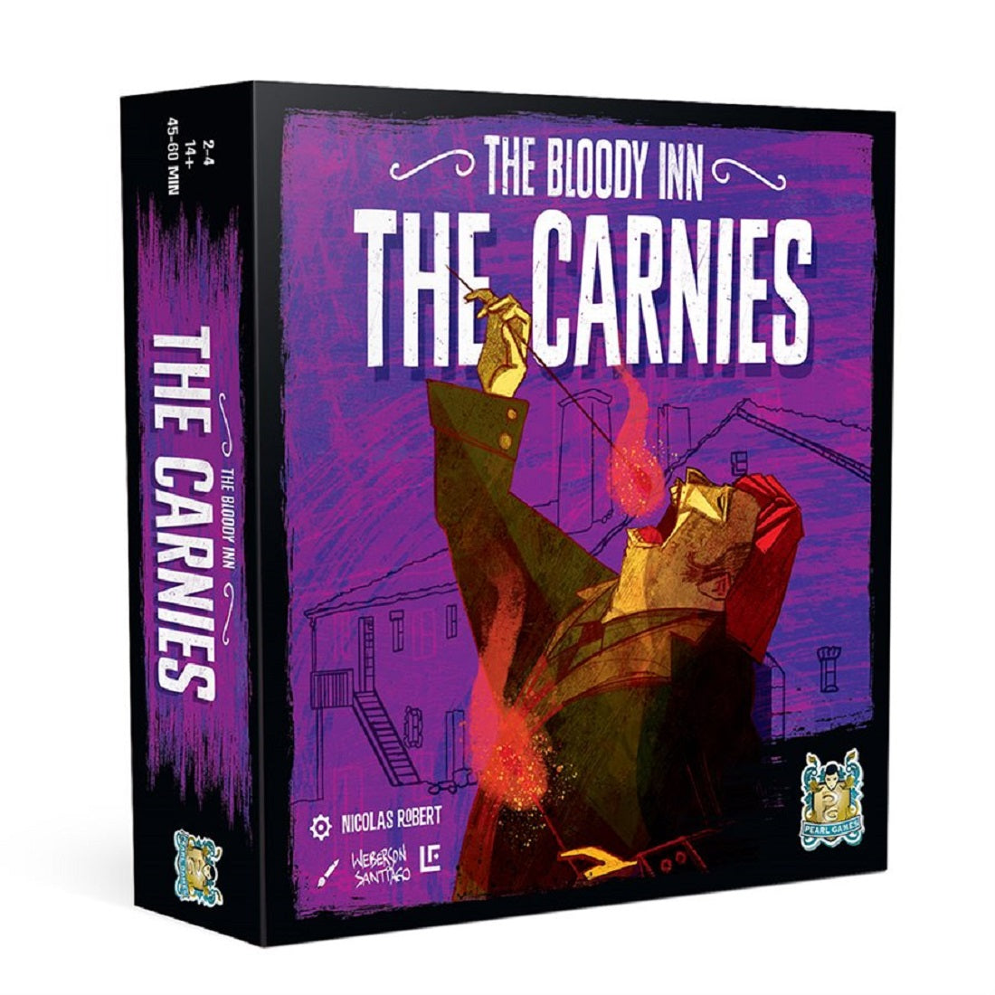 The Bloody Inn: The Carnies board game box, featuring a fire-breathing figure outside a haunted purple house