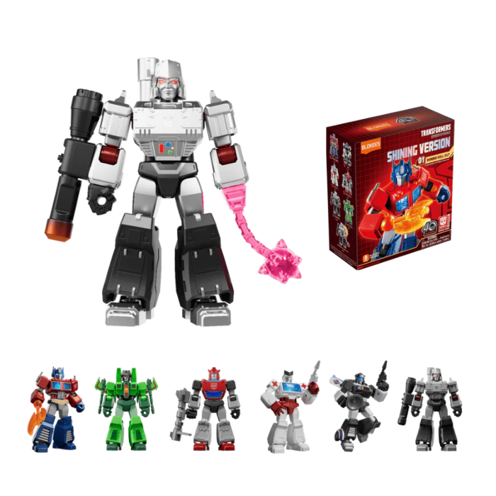 Transformers Shining Version 01 - Shining Attack (Luminous Eyes & Chest) Blokees Figures - 6 In 1 Figures:grimlock,sideswipe,beachcomber,soundwave,sunstorm, Reproduction Of The 1986 Optimus Prime Toy Secret Figure: Optimus Blind Box Display
