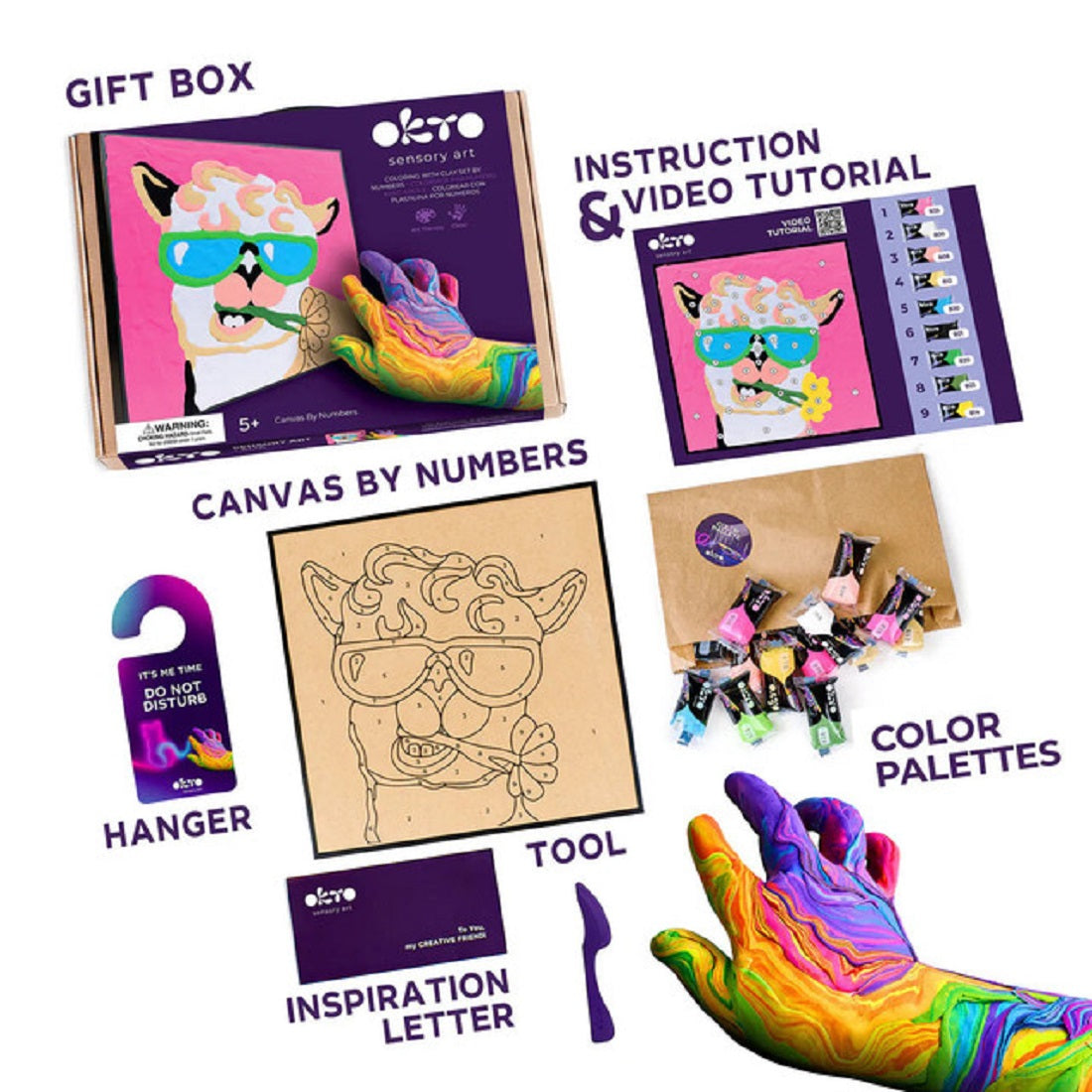 Llama "canvas by numbers" sensory art kit components, including colour tubes, instruction sheet, tool, and blank canvas