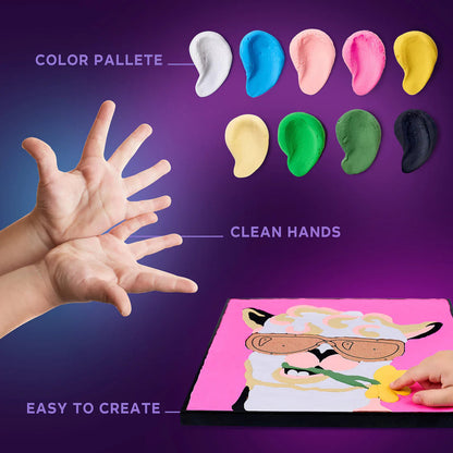 Ten colourful clay blobs, clean hands, and a child finishing a dimensional llama artwork on a pink board