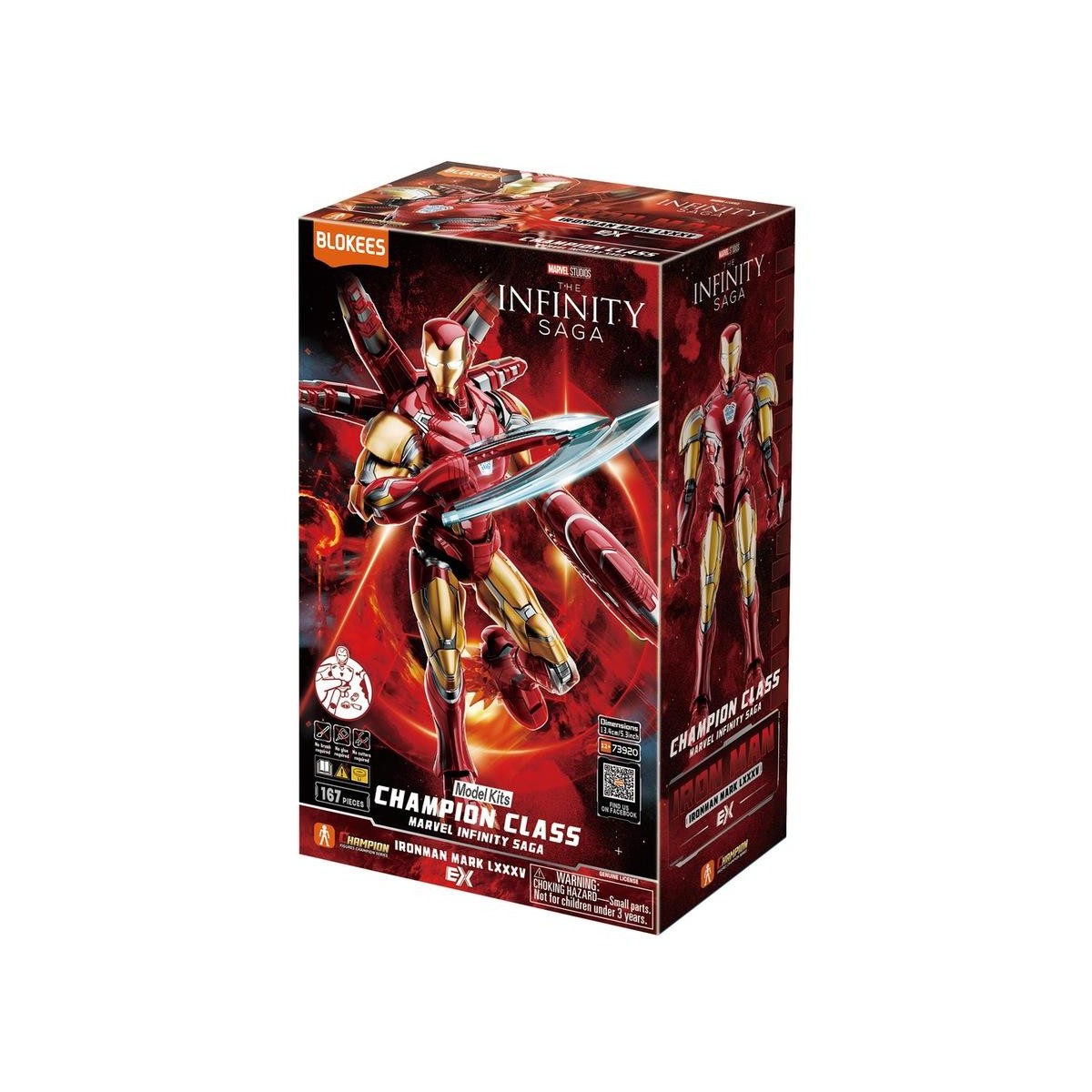 Blokees Marvel Infinity Saga Iron Man Mark LXXXV model kit box, featuring Iron Man holding a large energy blade