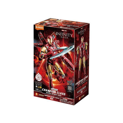 Blokees Marvel Infinity Saga Iron Man Mark LXXXV model kit box, featuring Iron Man holding a large energy blade