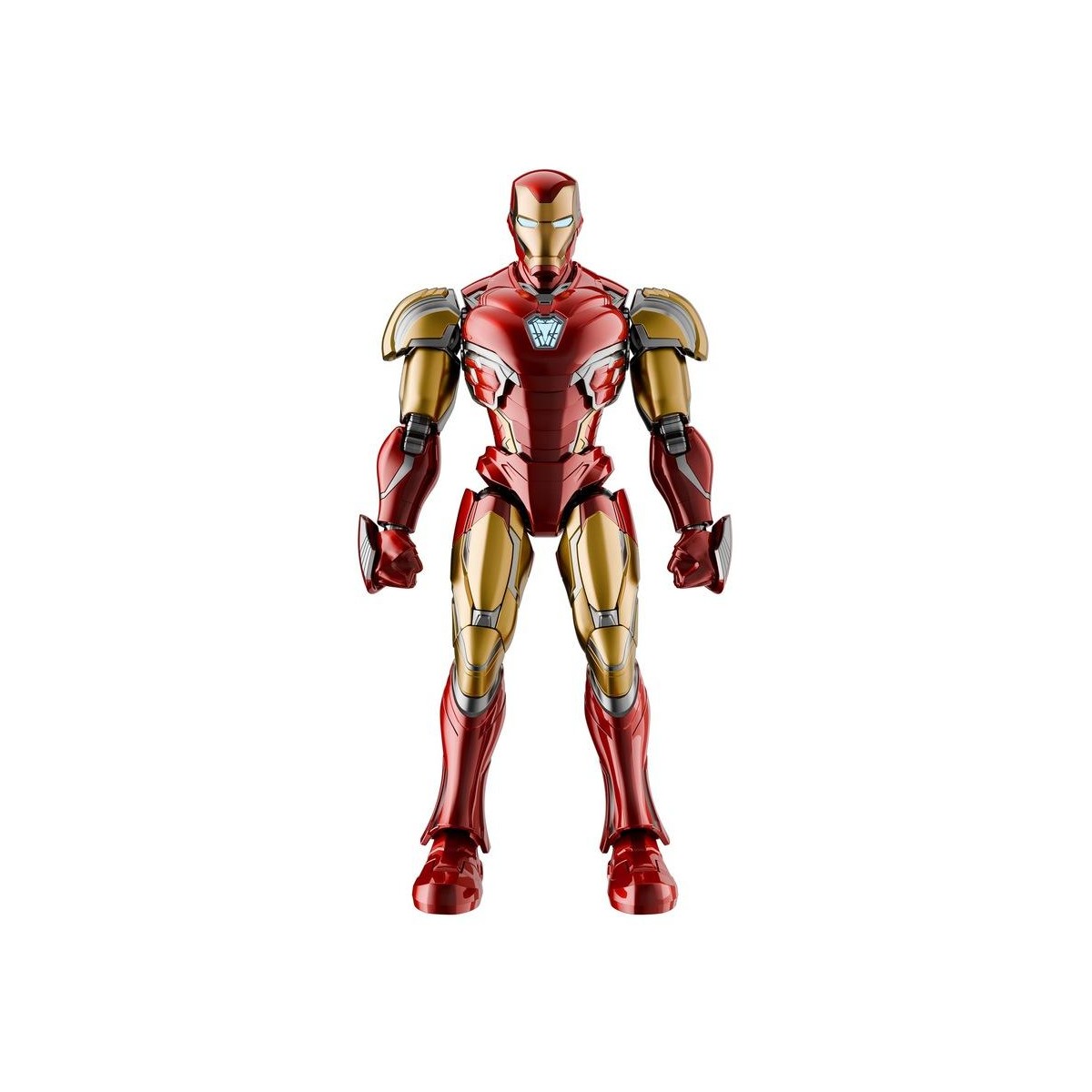 Iron Man action figure in detailed red and gold armor, standing upright on a white background