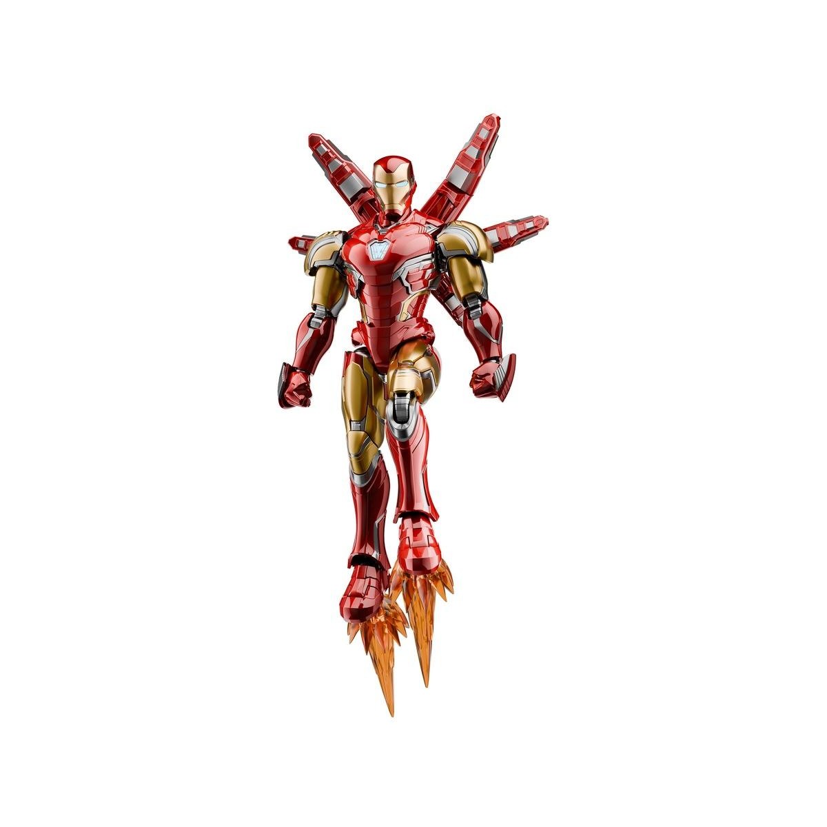 Red and gold Iron Man suit flying, featuring flame effects from the boots and four deployed stabilizers
