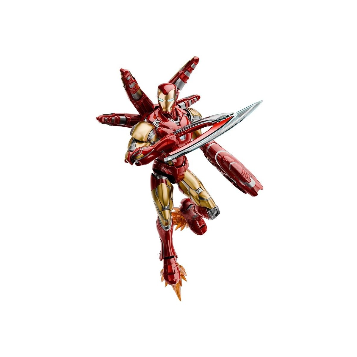 Iron Man action figure in flight, red and gold armor, deployed back appendages and a nanotech arm blade