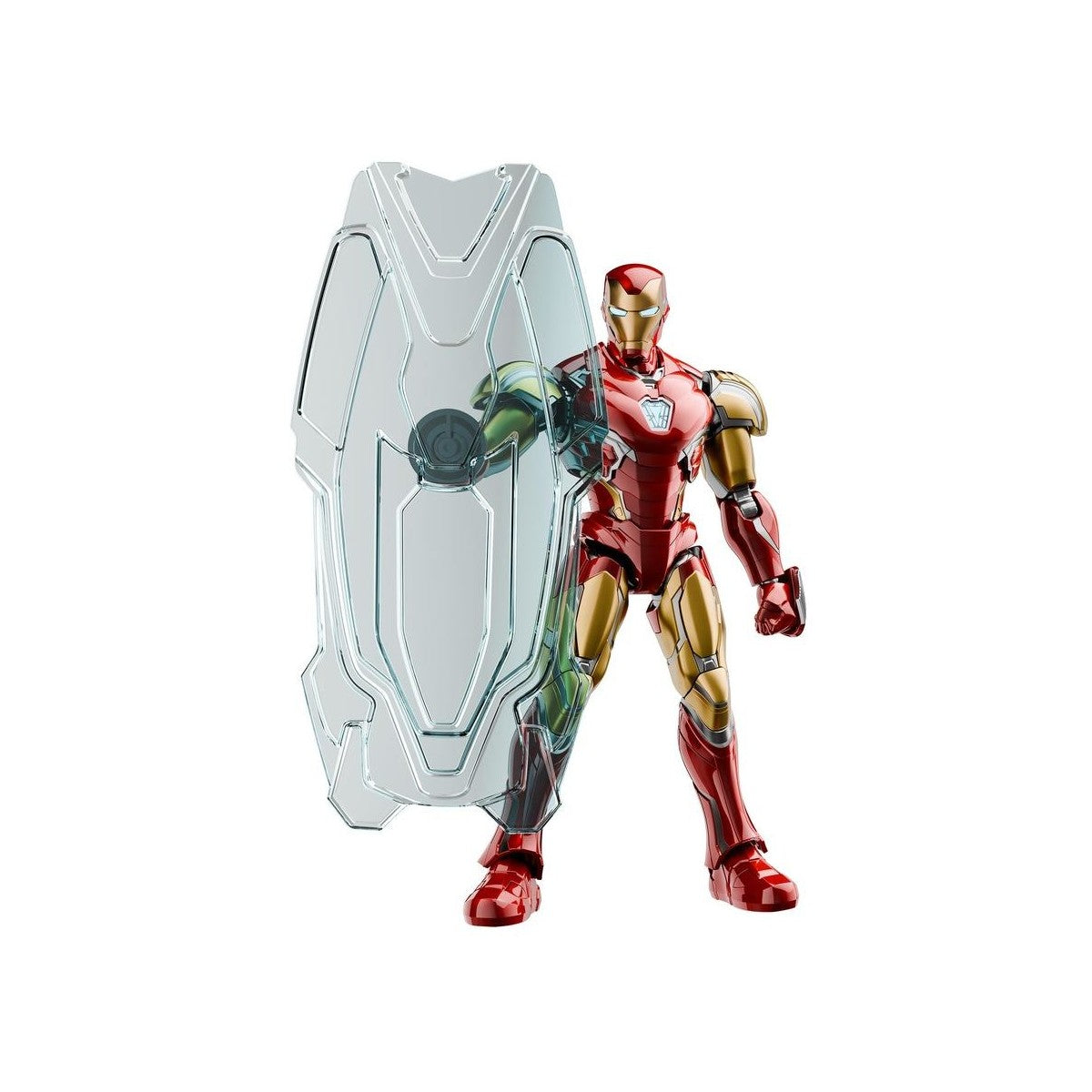 Red and gold Iron Man action figure holding a large, transparent shield on a white background