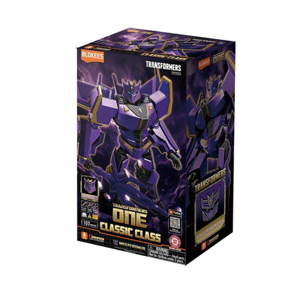Packaging for the Blokees Transformers One Megatronus model kit, showing the purple robot holding a weapon