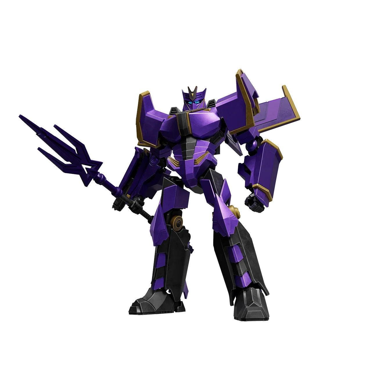 Purple armored robot with gold trim stands holding a three-pronged trident weapon