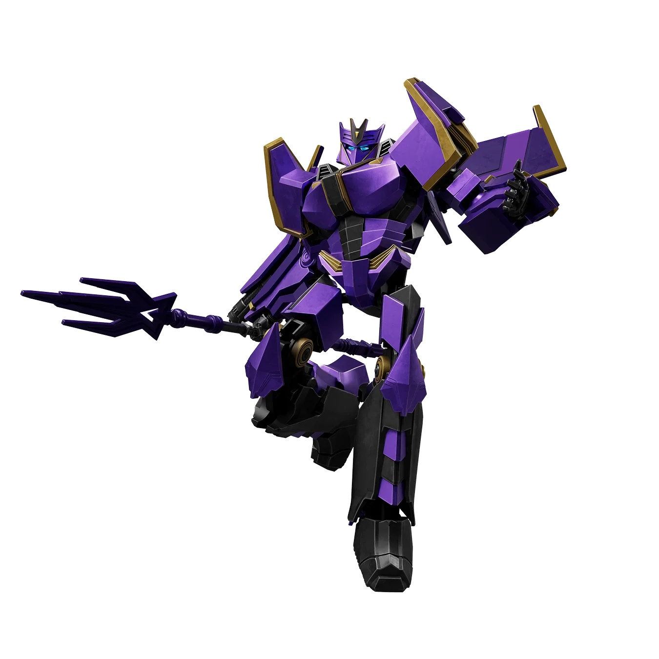 Dynamic image of a purple and black robot wielding a three-pronged spear