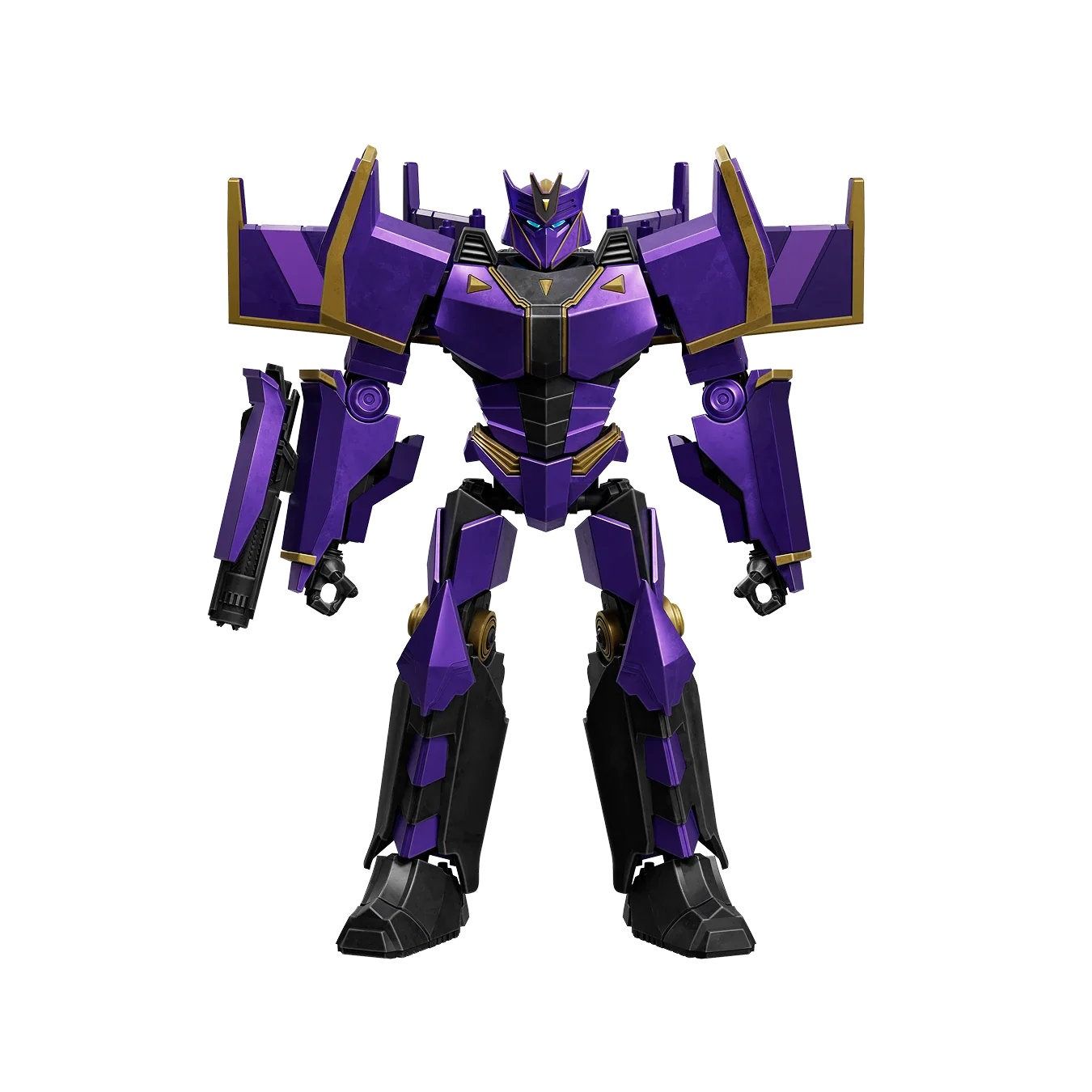 Purple and black armored robot (Transformer) standing upright, featuring gold accents and an integrated cannon arm