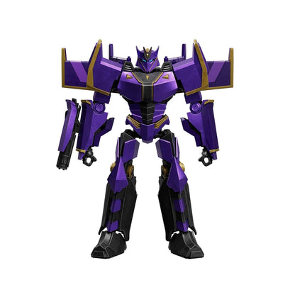 Purple and black armored robot (Transformer) standing upright, featuring gold accents and an integrated cannon arm