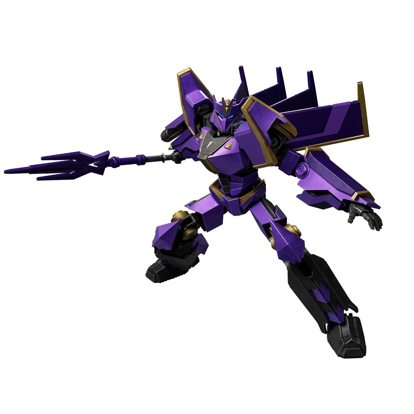 Dynamic purple and gold mecha robot figure lunging and holding an extended three-pronged spear