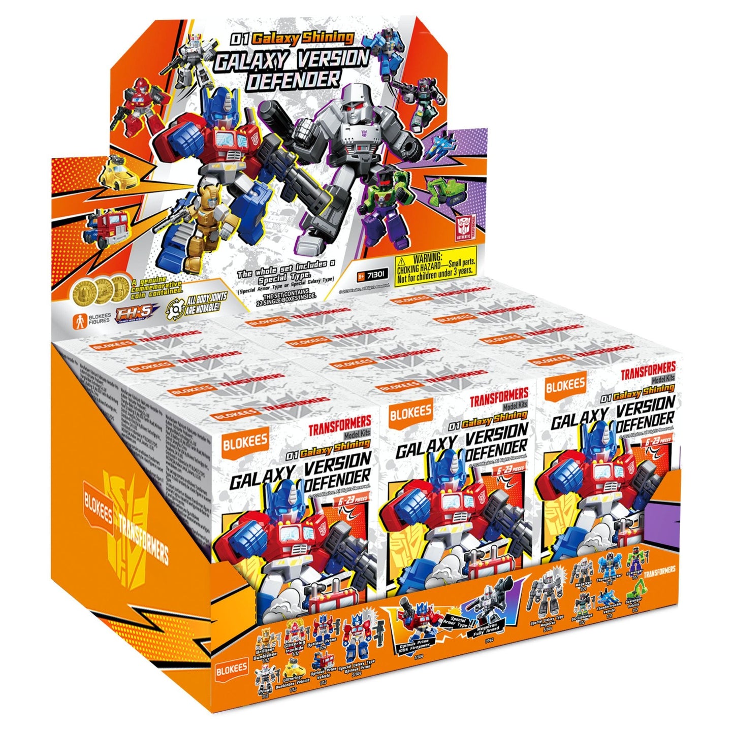 Display box of Blokees Transformers "Galaxy Version Defender" blind boxes featuring chibi Optimus Prime and Megatron