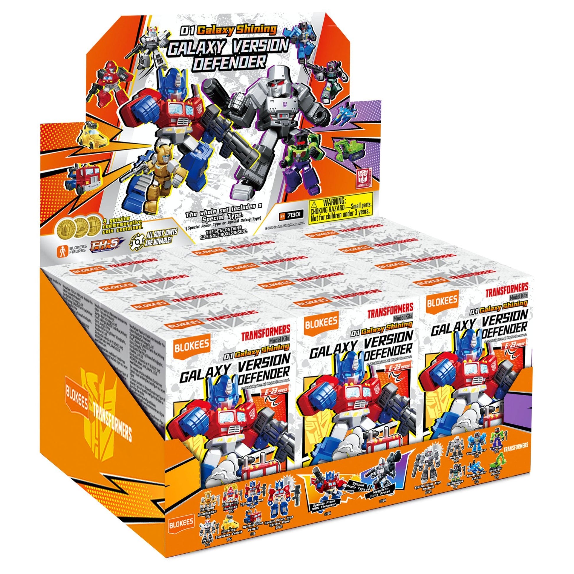 Display box of Blokees Transformers "Galaxy Version Defender" blind boxes featuring chibi Optimus Prime and Megatron