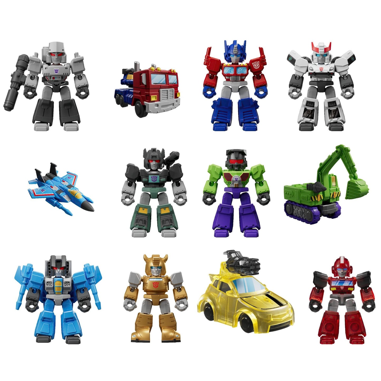 Twelve stylized Transformers mini-figures, including Megatron, Optimus Prime, and Starscream, in robot and vehicle forms