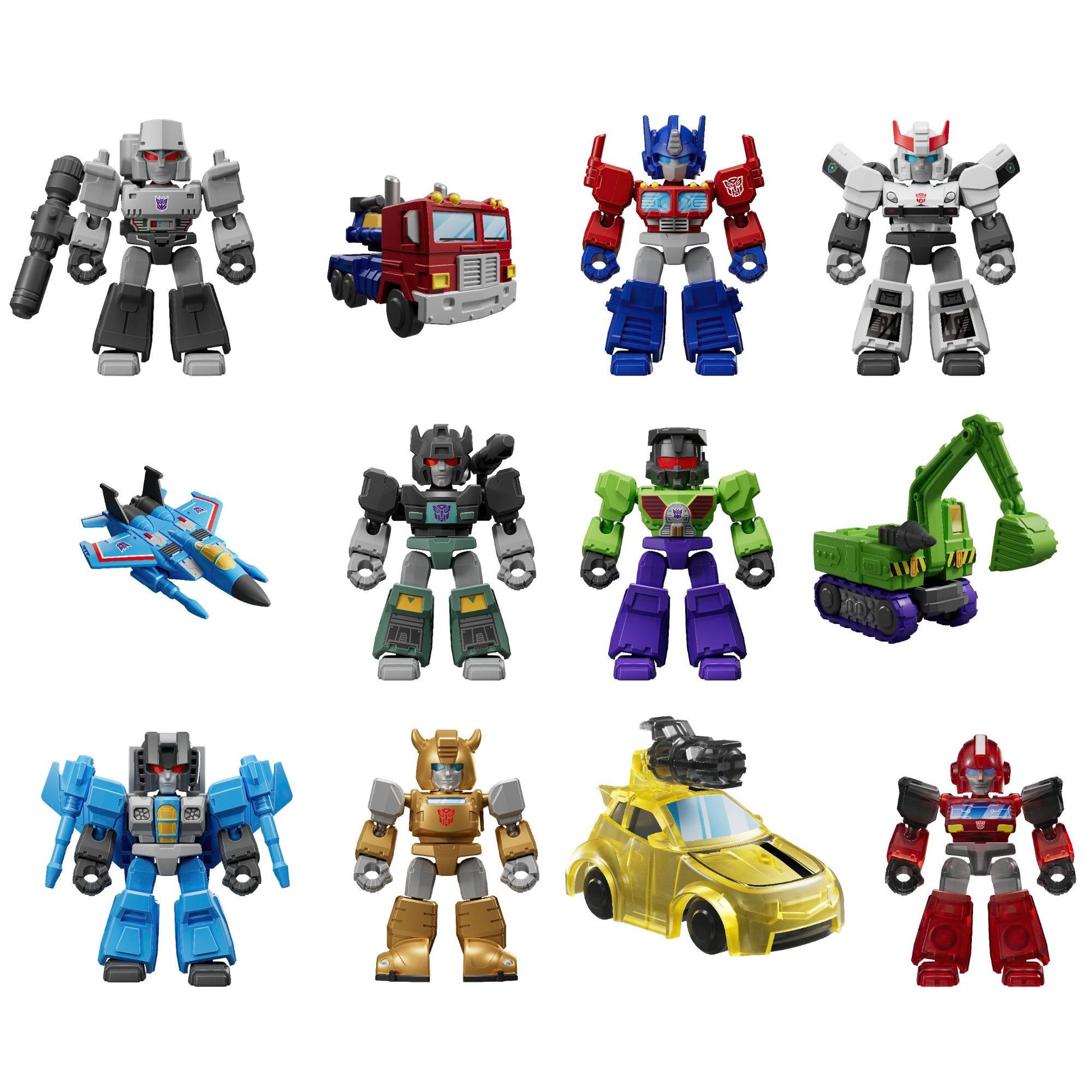 Twelve stylized Transformers mini-figures, including Megatron, Optimus Prime, and Starscream, in robot and vehicle forms