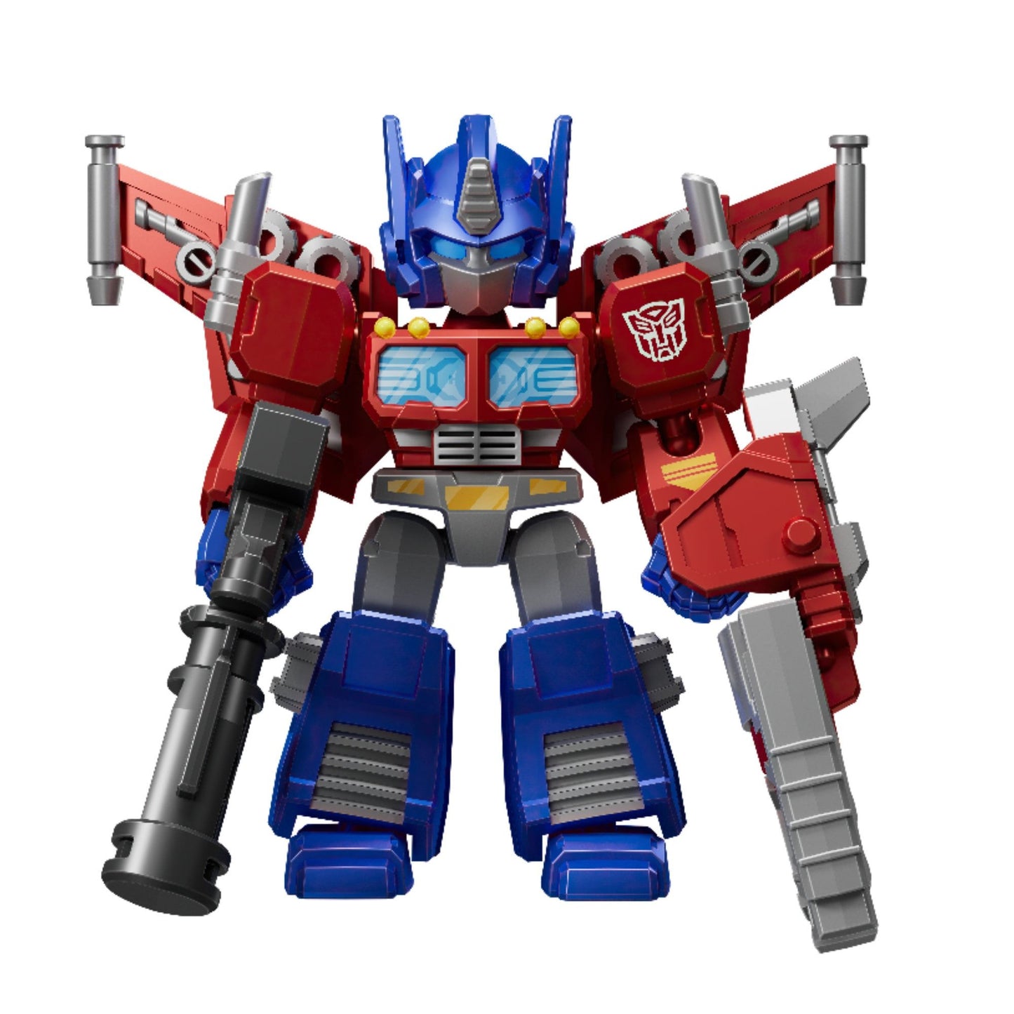 Stylized Optimus Prime figure with red and blue armor, wielding a black rifle and a grey weapon accessory