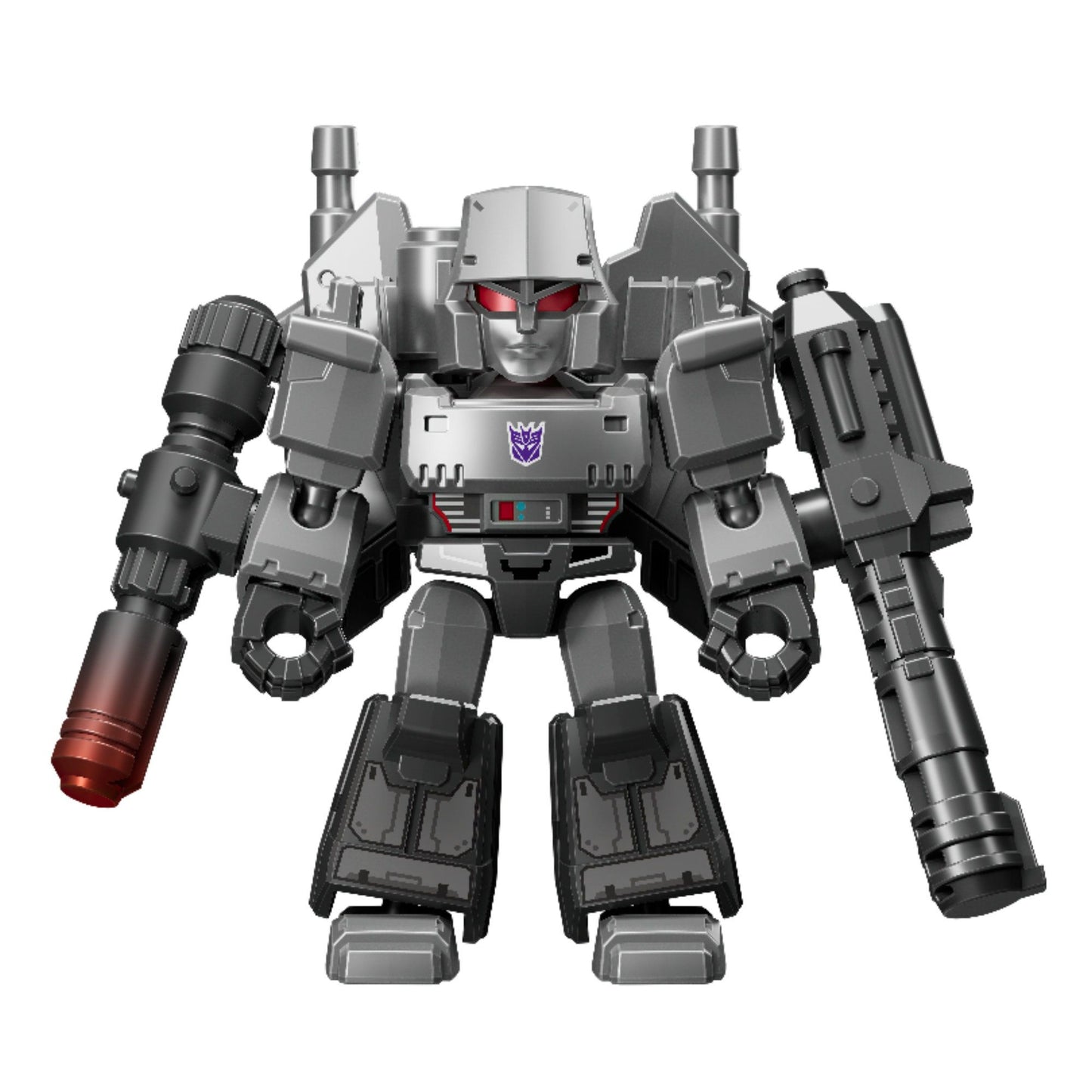 Chibi gray Megatron action figure with red eyes, dual cannons, and a Decepticon chest logo